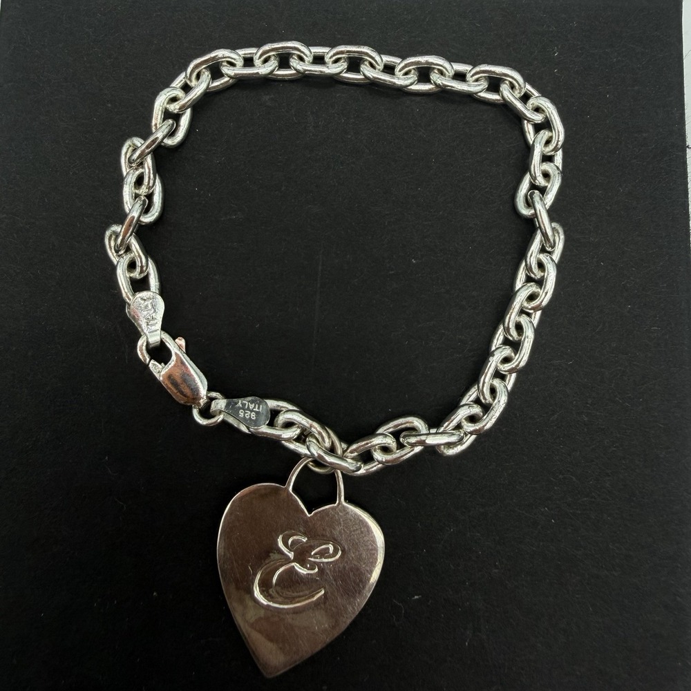 Vtg Sterling Silver MWS Heart Charm Cable Link Bracelet Sz 7 Engraved E